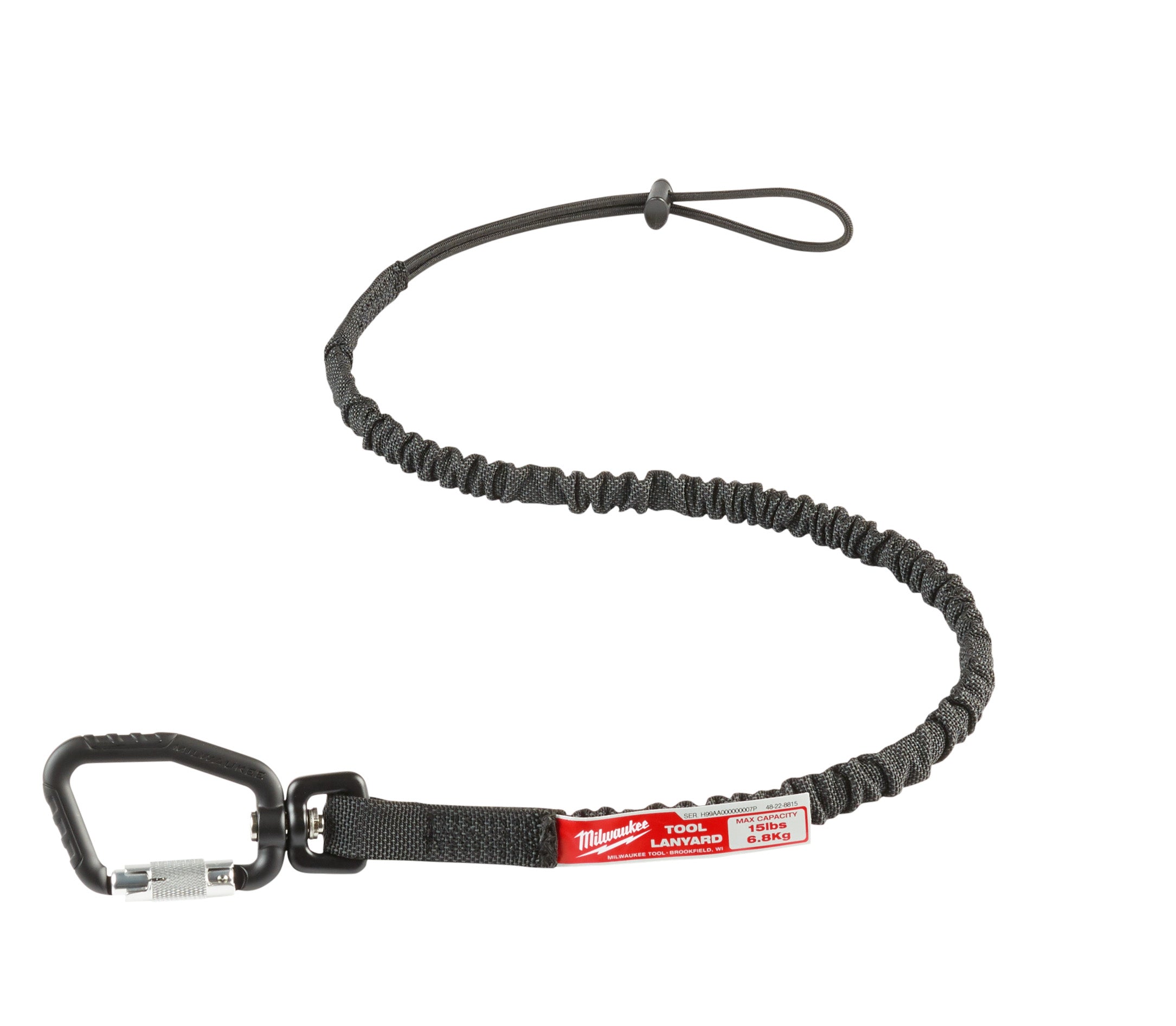 Black elastic tool lanyard with carabiner clip on one end and loop on the other, featuring red Milwaukee label and metal lock