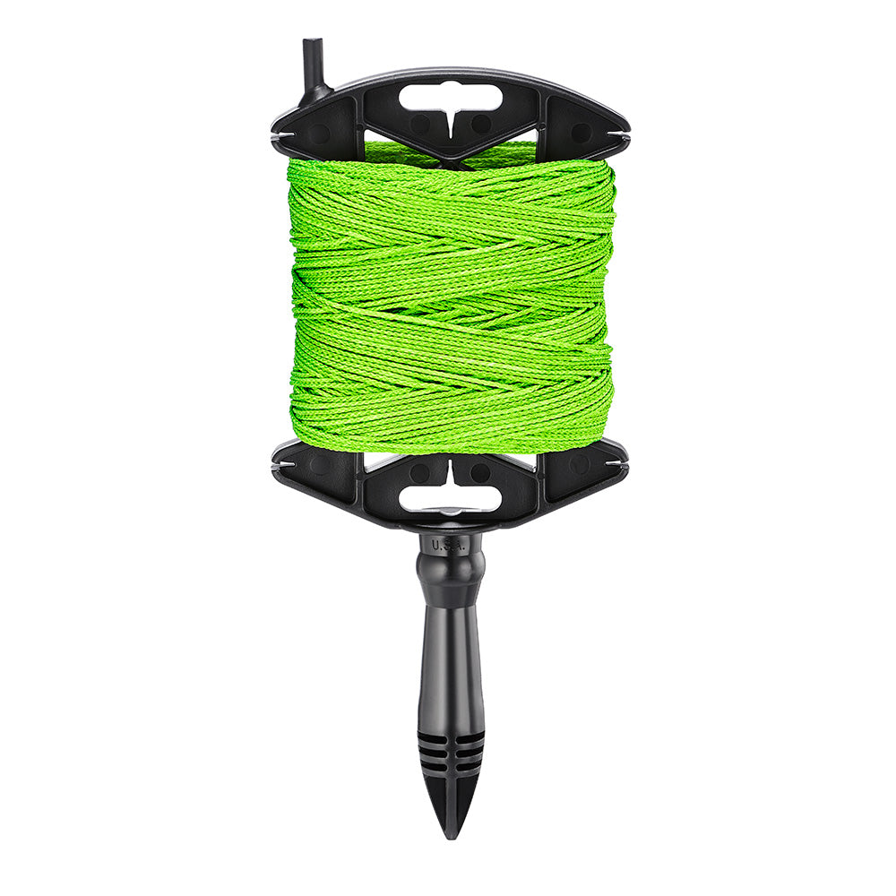 Green braided chalk line wound on black reel with handle and pointed stake attachment.