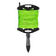 Green braided chalk line wound on black reel with handle and pointed stake attachment.