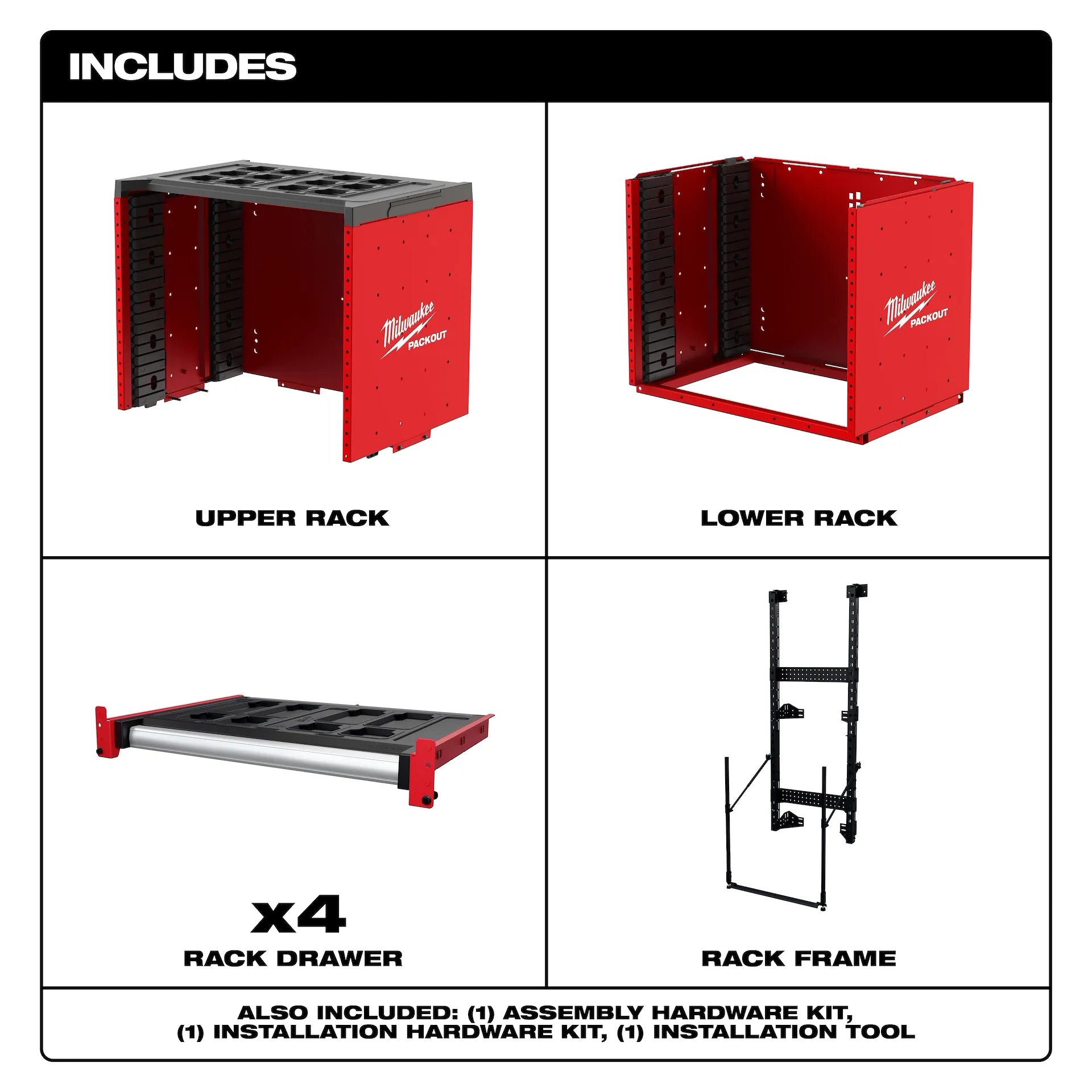 Milwaukee PACKOUT Rack Kit includes upper rack, lower rack, four drawers, frame, and hardware for assembly.