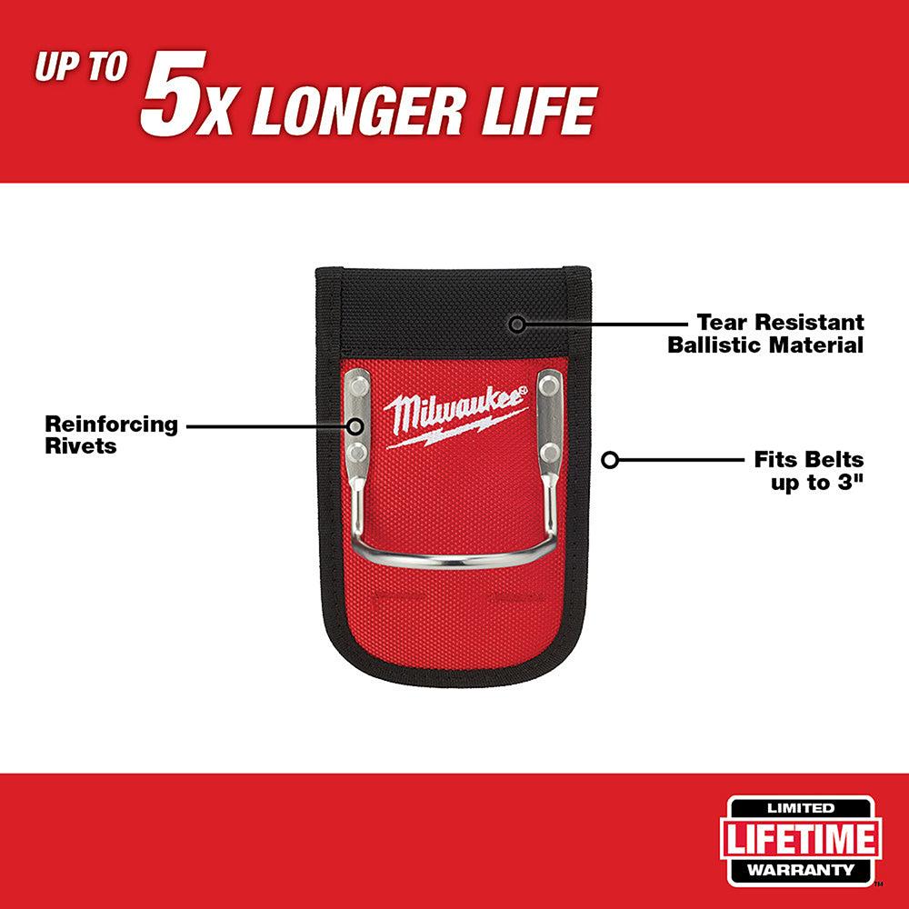 Red and black Milwaukee hammer loop with reinforcing rivets and metal clips for belt attachment up to 3 inches.