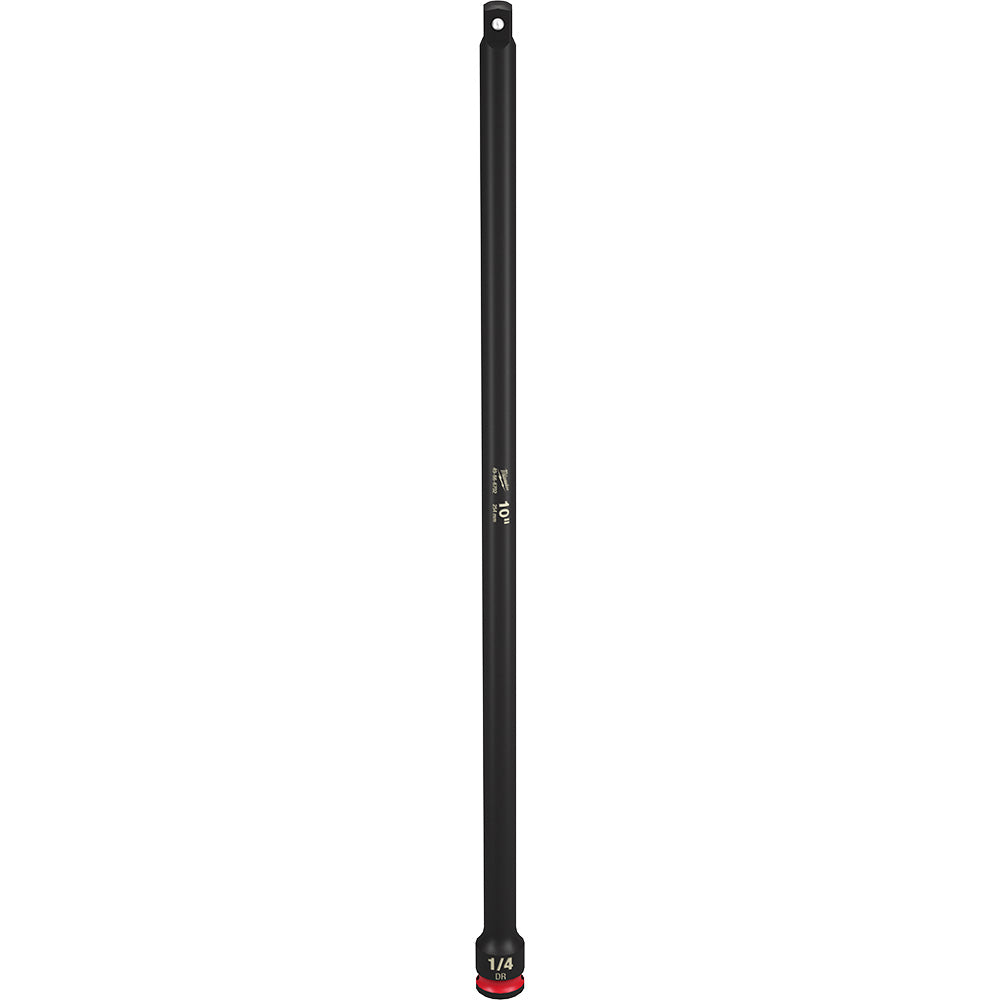 Black 1/4" drive socket extension with red grip end and text marking on shaft.