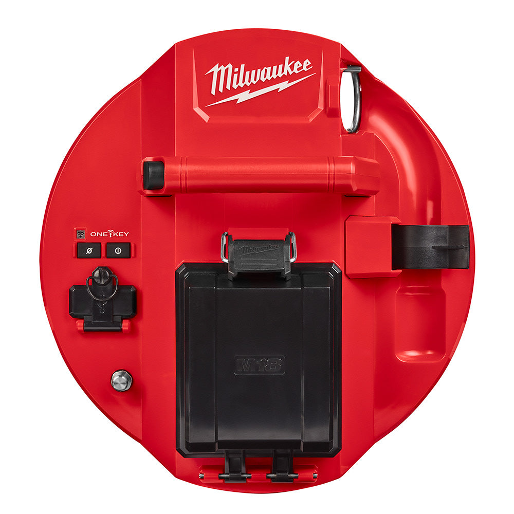 Red circular Milwaukee M18 control hub with black central device holder, OneKey buttons, power dial, and mounting accessories