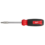 Milwaukee multi-bit screwdriver with red and black handle and extended metal shaft with interchangeable bits.