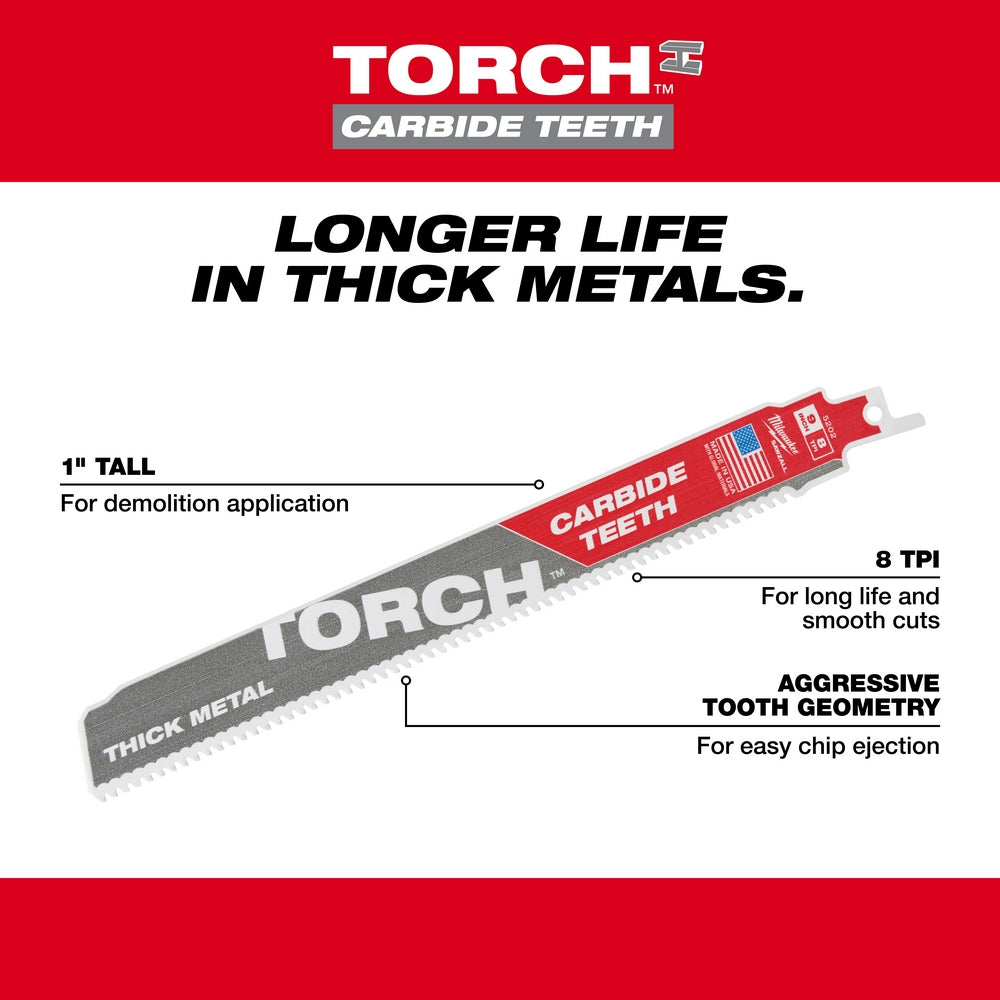 Milwaukee TORCH 12" reciprocating saw blade with carbide teeth and 8 teeth per inch for thick metal cutting.