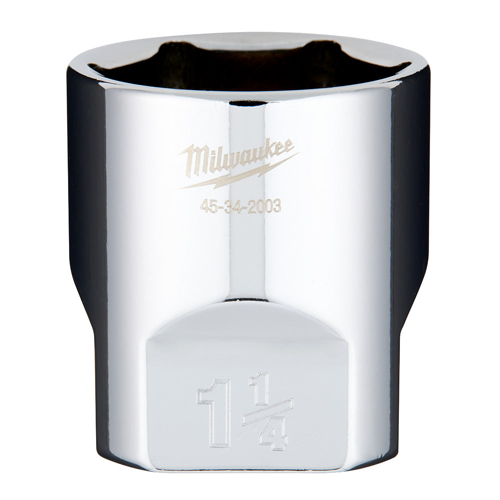 Chrome socket with 1/2" drive and 1-1/4" size marking, Milwaukee brand logo and model number engraved on silver finish.