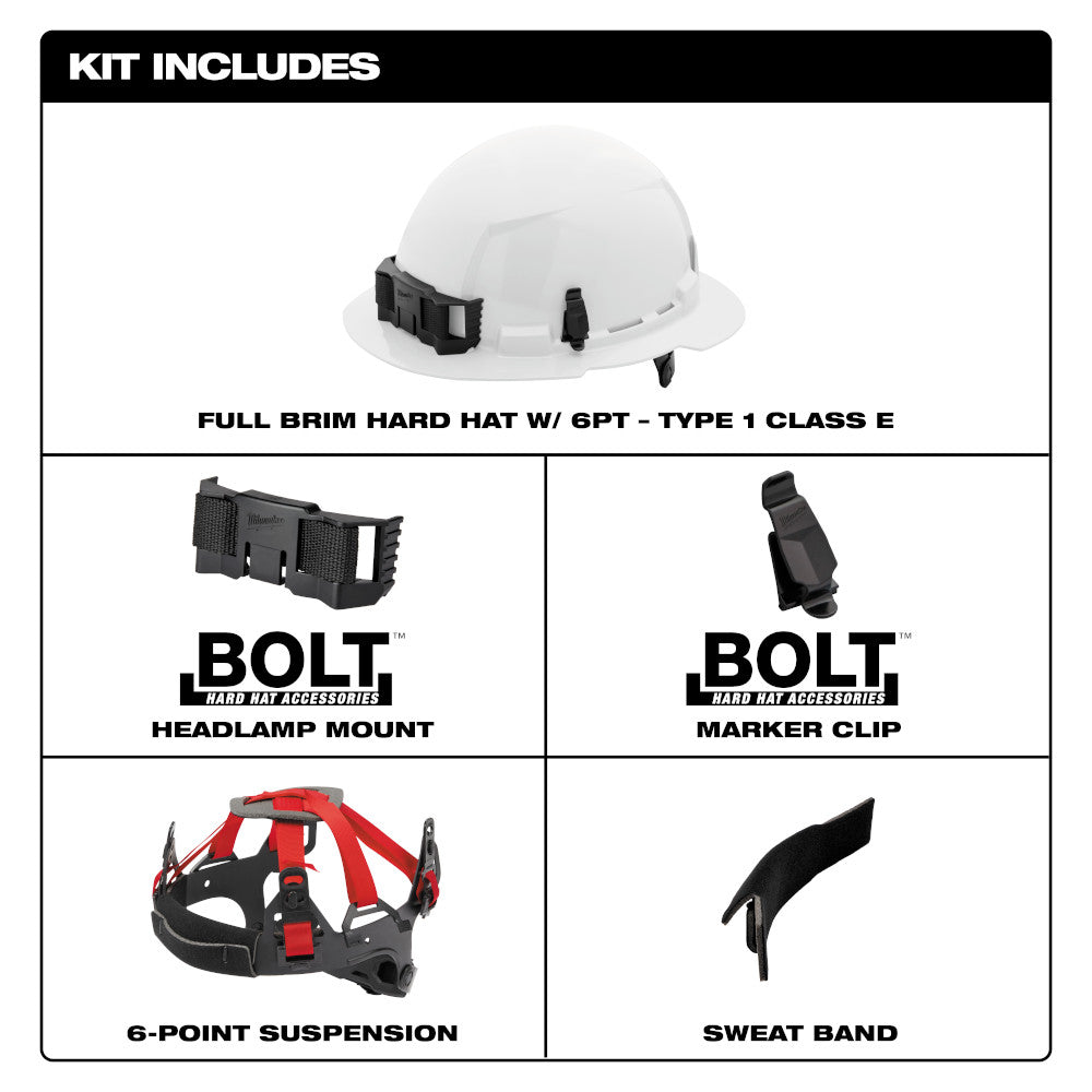 Milwaukee 48-73-1121 White Full Brim Hard Hat w/6pt Ratcheting Suspension - Type 1, Class E