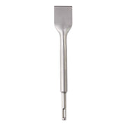 Milwaukee SDS-Plus scale chisel with 1-1/2 inch wide flat blade and cylindrical shank on white background.
