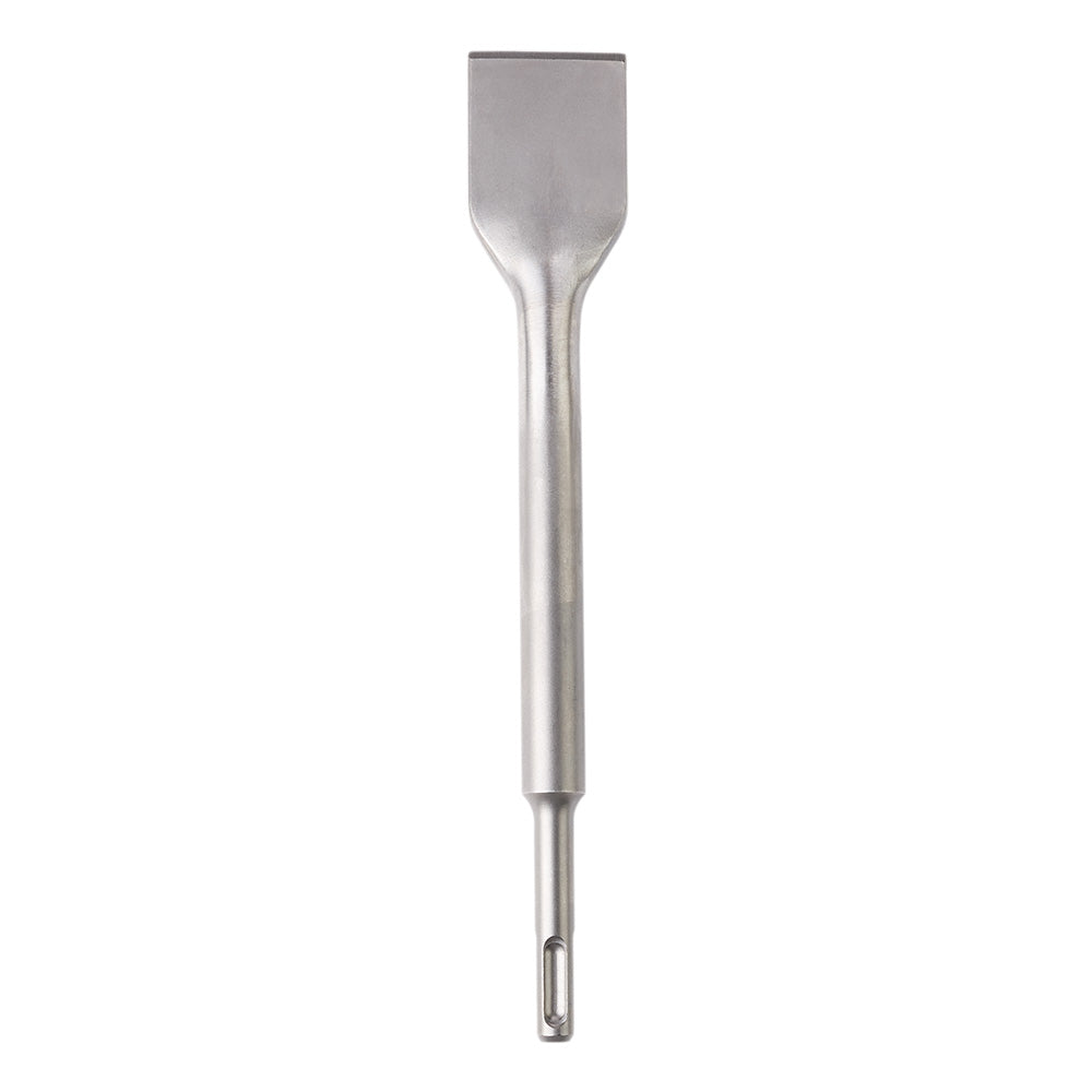 Milwaukee SDS-Plus scale chisel with 1-1/2 inch wide flat blade and cylindrical shank on white background.