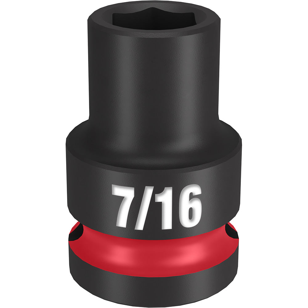 Black impact socket with 7/16" marking and red band on base, 6-point hexagonal opening for 1/2" drive.
