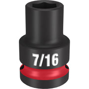 Black impact socket with 7/16" marking and red band on base, 6-point hexagonal opening for 1/2" drive.