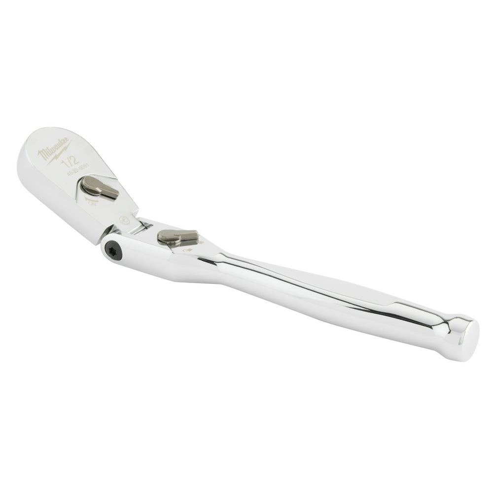 Milwaukee 1/2" drive flex head ratchet wrench with articulating joint and chrome finish.