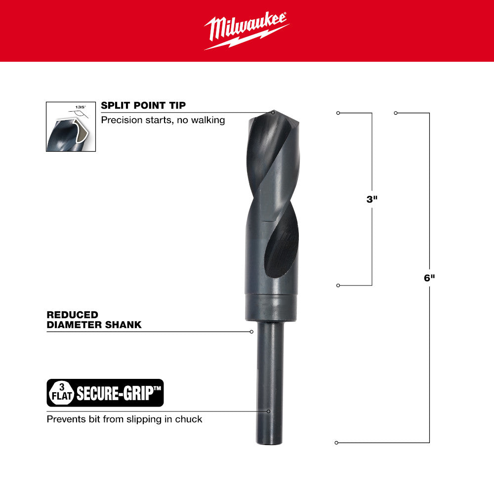 Black oxide 1 in. drill bit with split point tip, reduced diameter shank, and secure-grip flat design.