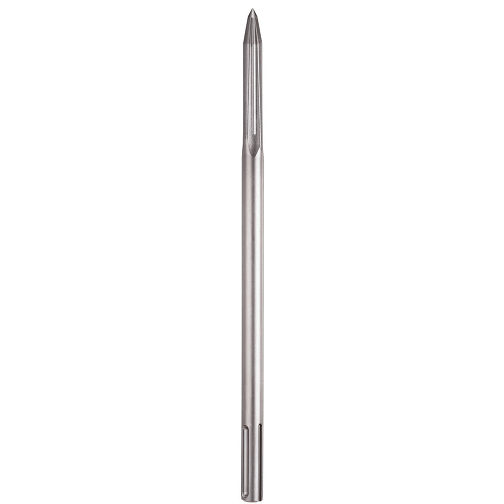 Stainless steel SDS-Max bull point chisel with tapered shaft and sharp pointed tip for concrete breaking.