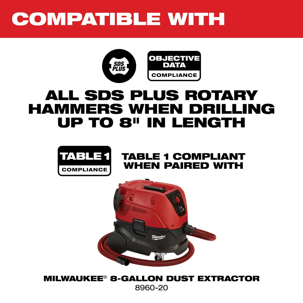 Red and black Milwaukee dust extractor with attached hose compatible with SDS-Plus rotary hammers up to 8 inches.