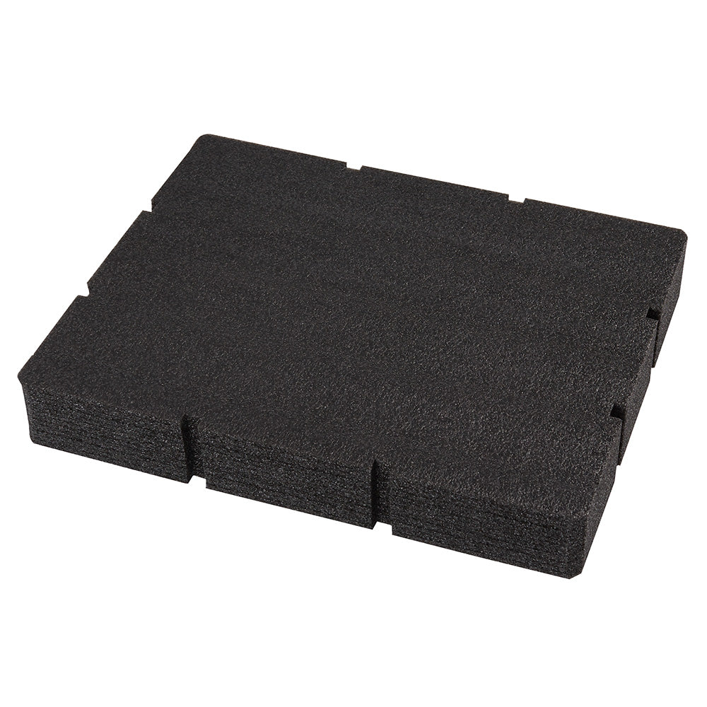 Black foam insert with pre-cut compartments for Milwaukee Packout drawer tool boxes.