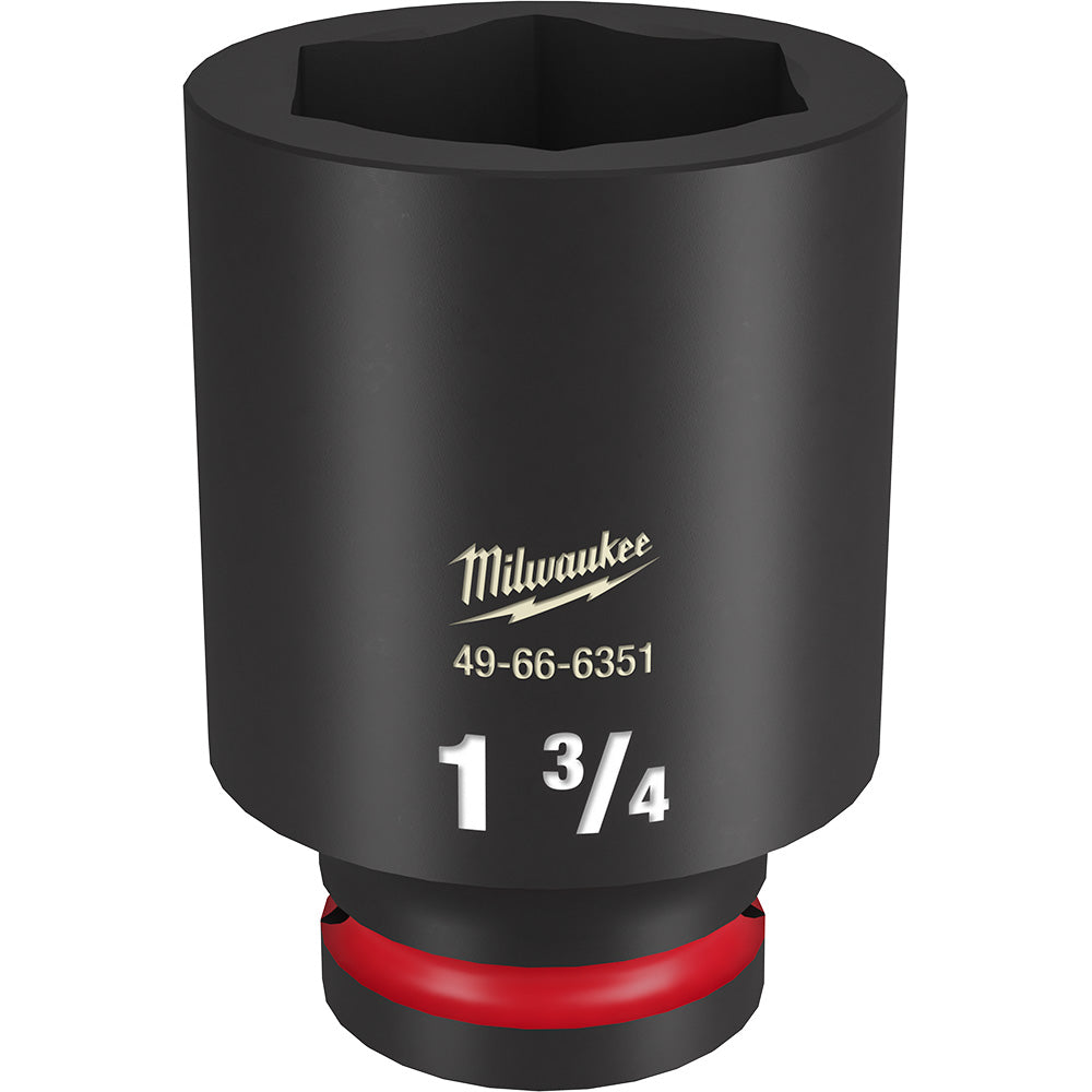 Black Milwaukee impact socket with 3/4" drive, 1 3/4" size marking, and red grip band at base.