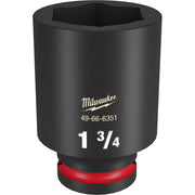 Black Milwaukee impact socket with 3/4" drive, 1 3/4" size marking, and red grip band at base.