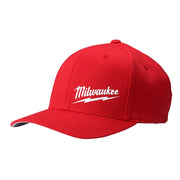 Red fitted baseball cap with white Milwaukee logo and curved bill.