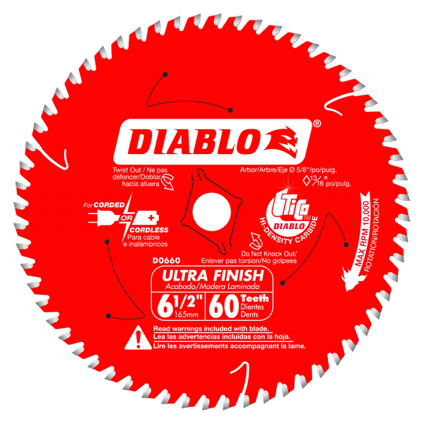 Red circular Diablo carbide saw blade with 60 teeth, 6-1/4 inch diameter, white teeth around edge and center arbor hole.