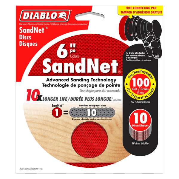 Red 6-inch SandNet sanding disc with mesh pattern and gray connection pad center, 120 grit, 10-pack displayed on Diablo packa