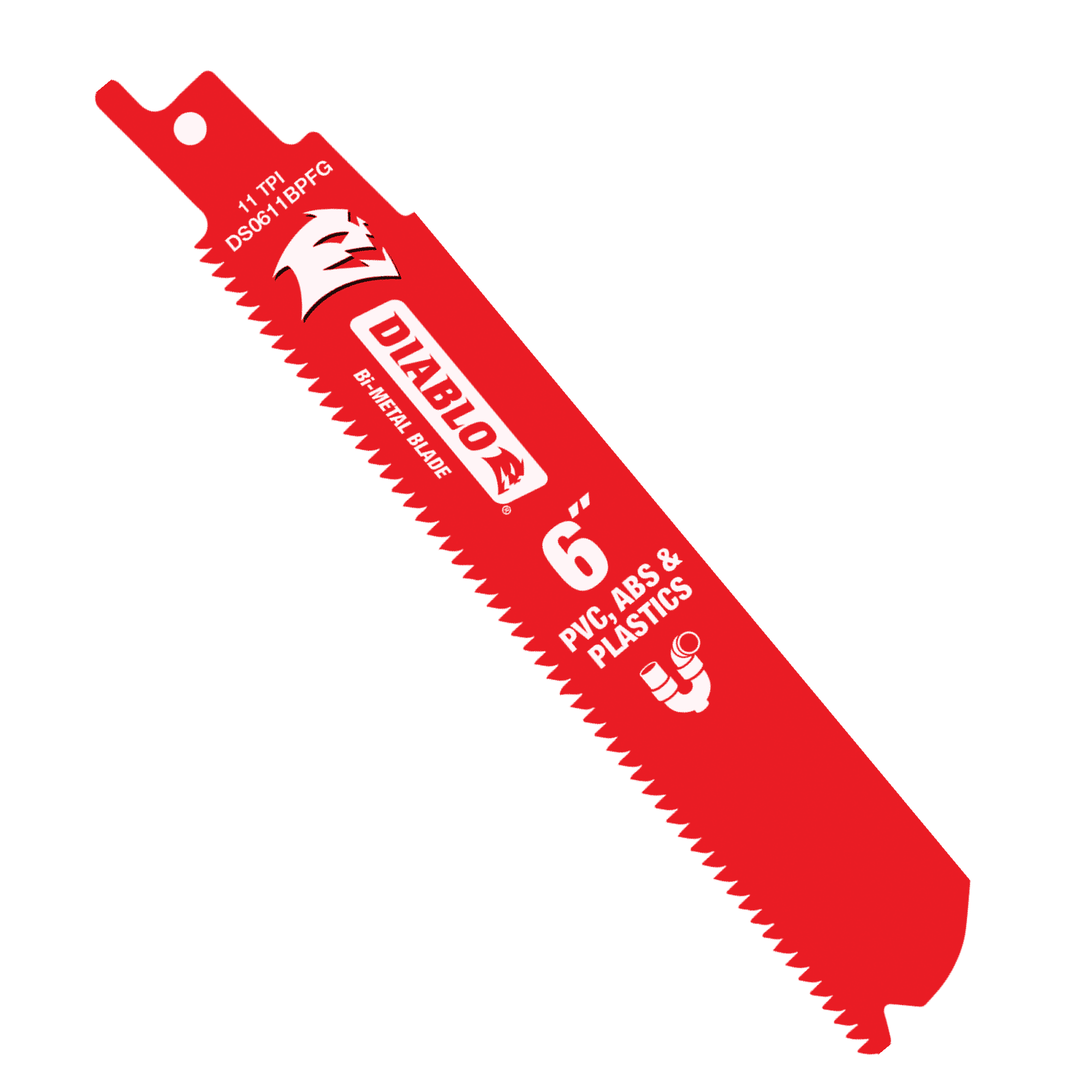 Red Diablo reciprocating saw blade with 11 TPI teeth, labeled for PVC, ABS and plastics cutting.