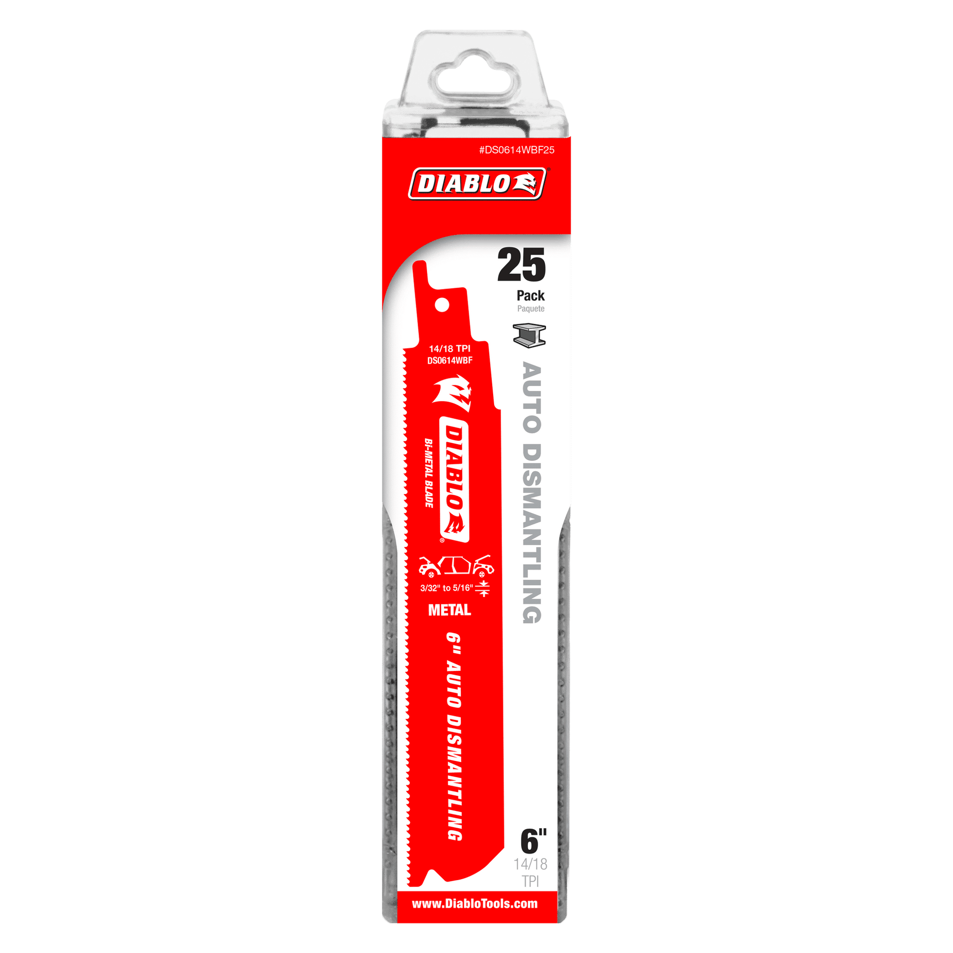 Diablo 6 inch bi-metal reciprocating saw blade pack with red and white packaging showing 25 blades and 14/18 TPI specificatio