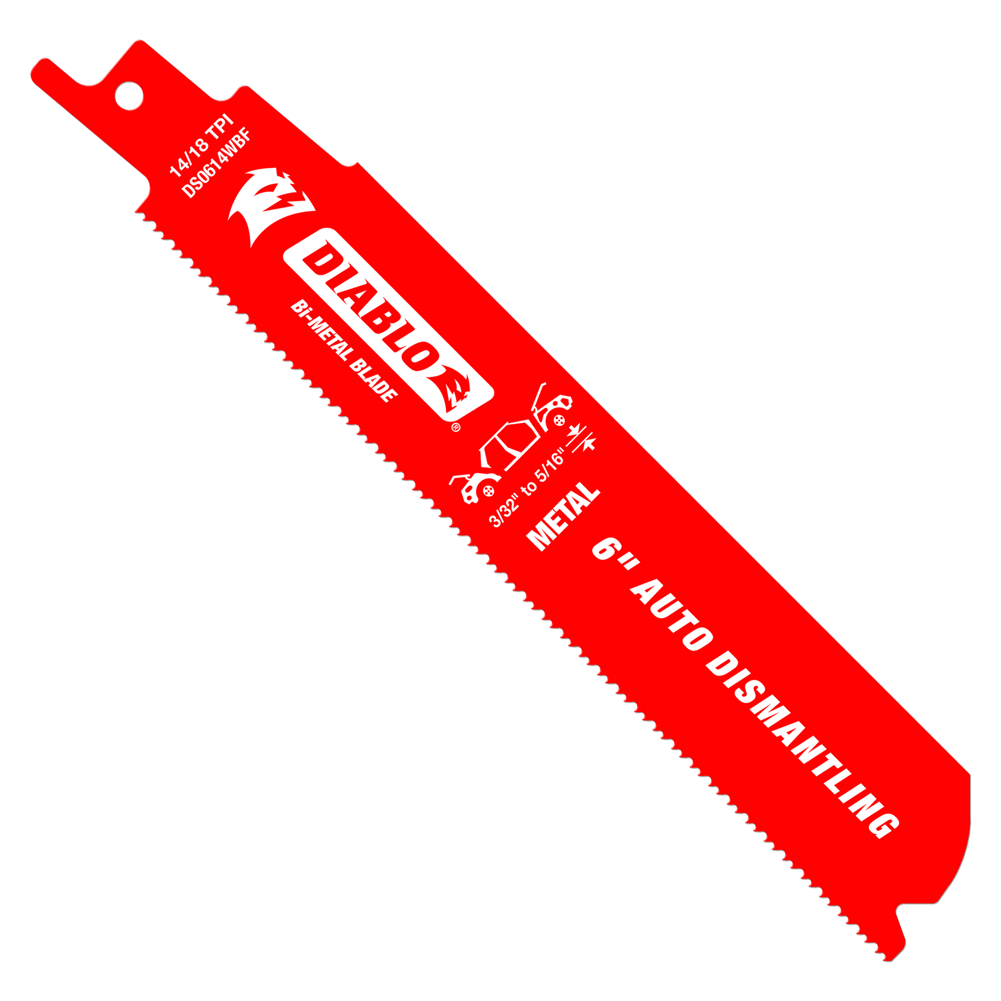 Red Diablo bi-metal reciprocating saw blade with serrated edges, mounting hole, and text specifications for 6-inch length and