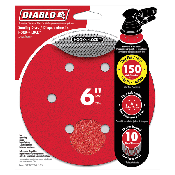 Six-inch red Diablo hook-and-lock sanding discs with 150-grit abrasive surface and mounting holes, 10-pack.