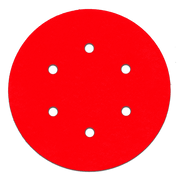 Red 6-inch sanding disc with white hook and loop attachment holes arranged in circular pattern.
