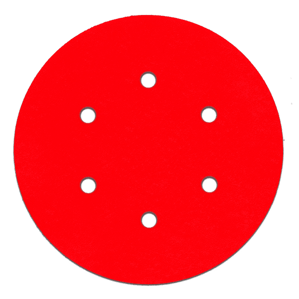 Red 6-inch sanding disc with white hook and loop attachment holes arranged in circular pattern.