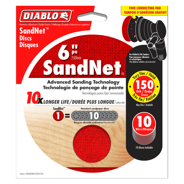 Six-inch red SandNet sanding discs with 150-grit texture and black connecting pad displayed on packaging.