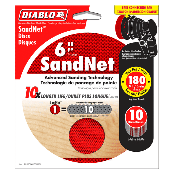 6-inch red SandNET sanding discs with 180-grit abrasive surface and black connection pad, 10-pack.
