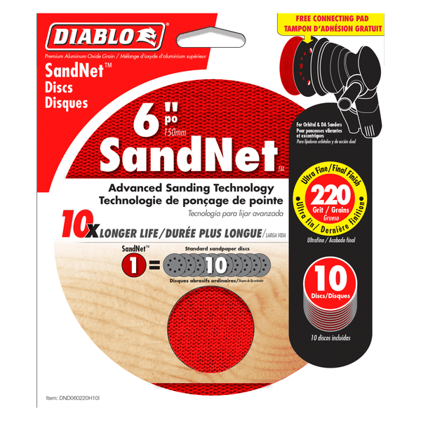 Red 6-inch SandNet sanding discs with 220 grit rating and black connection pad in 10-pack.