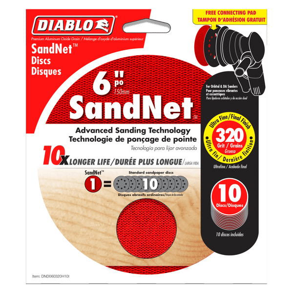 Diablo 6-inch 320-grit red SandNET sanding discs with black connection pad, 10-pack.