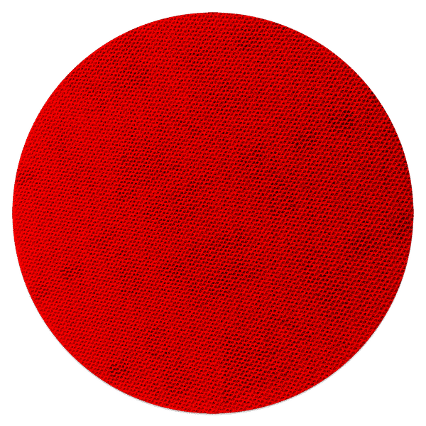 Red circular sanding disc with textured surface, 6 inches diameter.