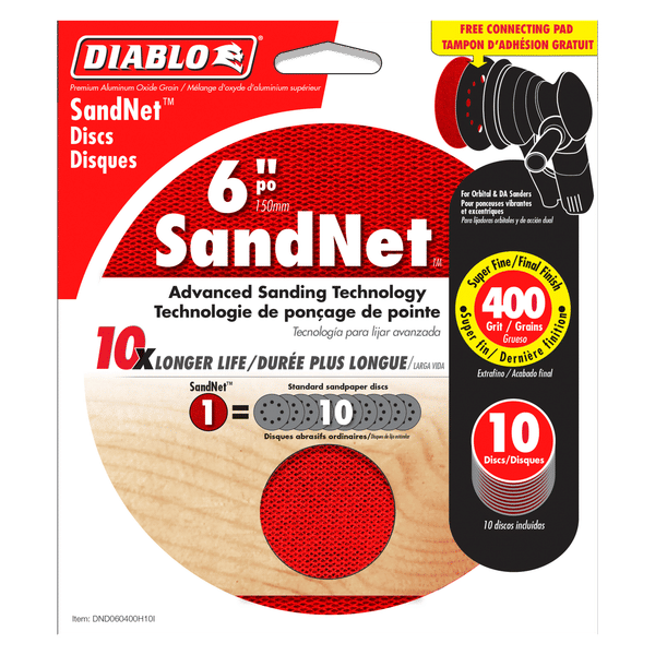 Diablo 6-inch red SandNet sanding discs with 400-grit surface and black connection pad in 10-pack.