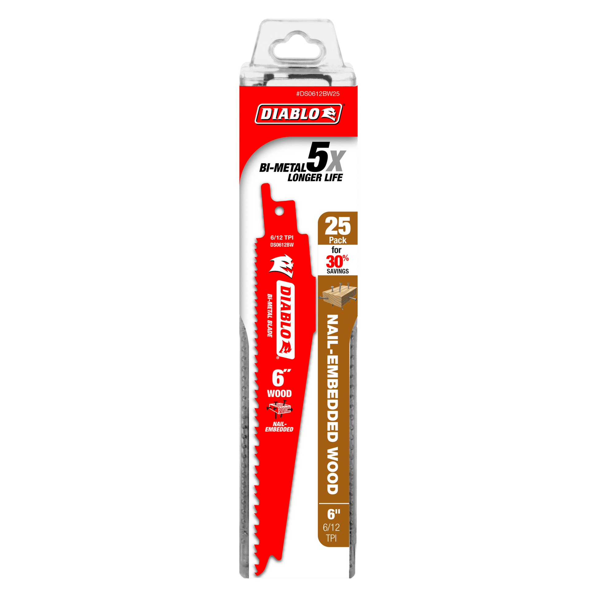 Diablo 6-inch bi-metal reciprocating saw blade with 12 TPI teeth in clear plastic clamshell packaging labeled 25-pack.
