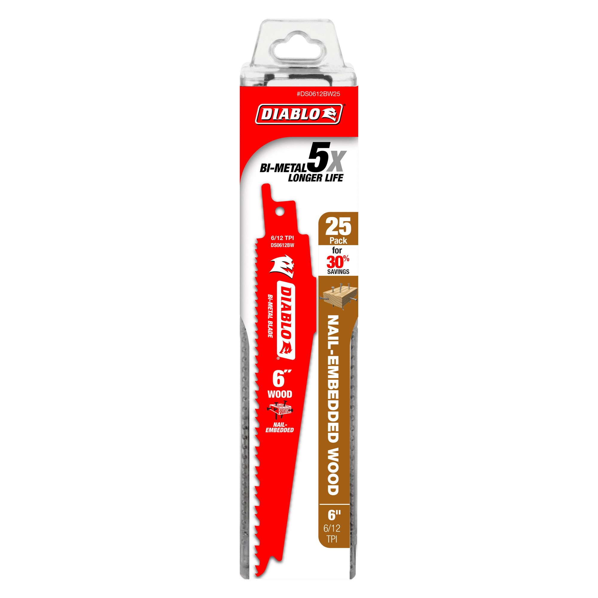 Diablo 6-inch bi-metal reciprocating saw blade with 12 TPI teeth in clear plastic clamshell packaging labeled 25-pack.