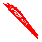 Red Diablo bi-metal reciprocating saw blade, 6 inch length, 12 TPI, with mounting hole and text labeling.