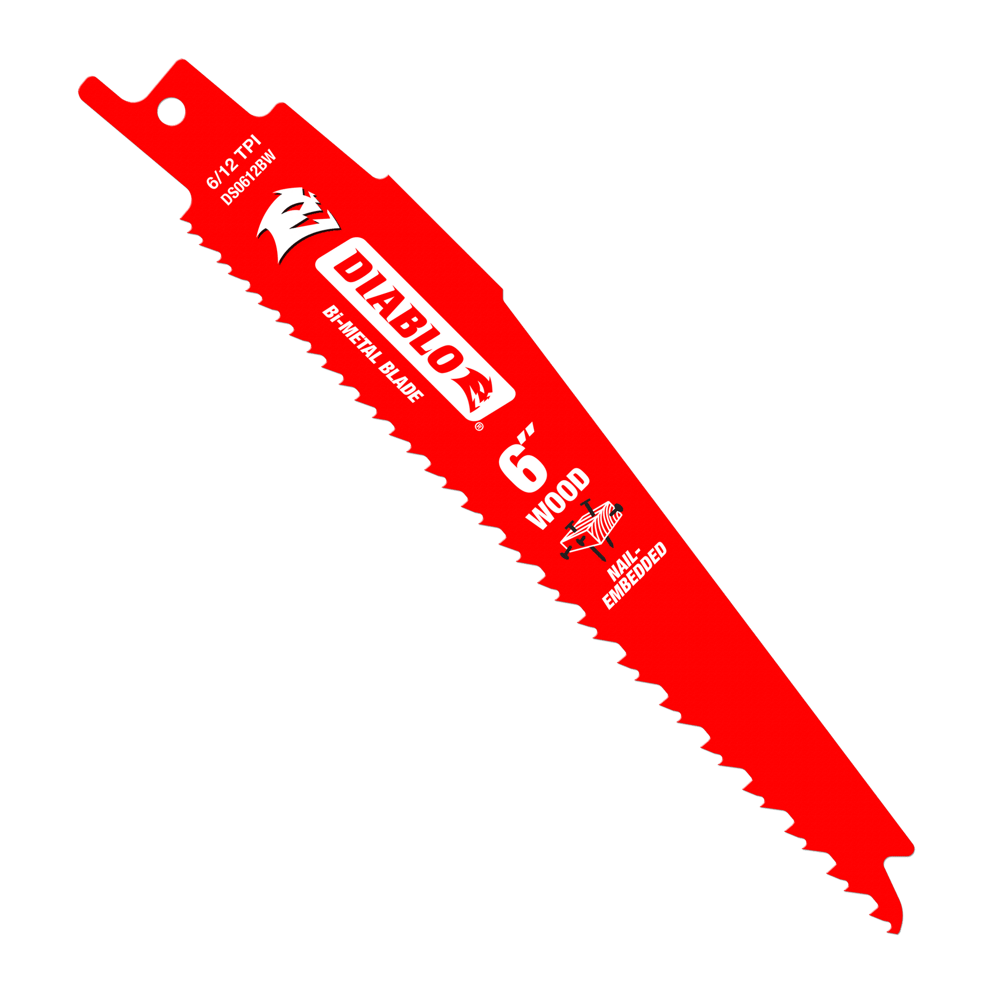 Red Diablo bi-metal reciprocating saw blade, 6 inch length, 12 TPI, with mounting hole and text labeling.