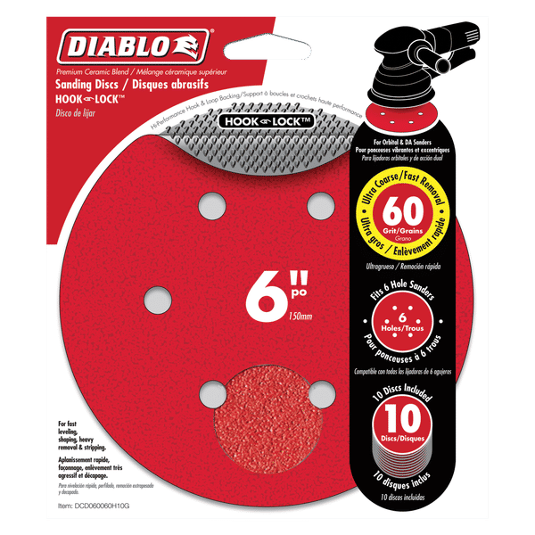 Red 6-inch round sanding disc with hook and loop backing, 60 grit, six evenly spaced holes, packaged with orbital sander atta