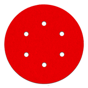 Red circular sanding disc with six white hook and loop attachment holes.