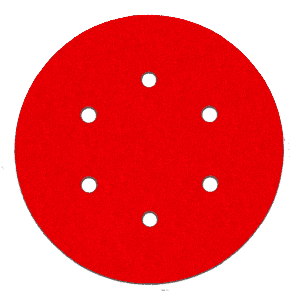 Red circular sanding disc with six white hook and loop attachment holes.