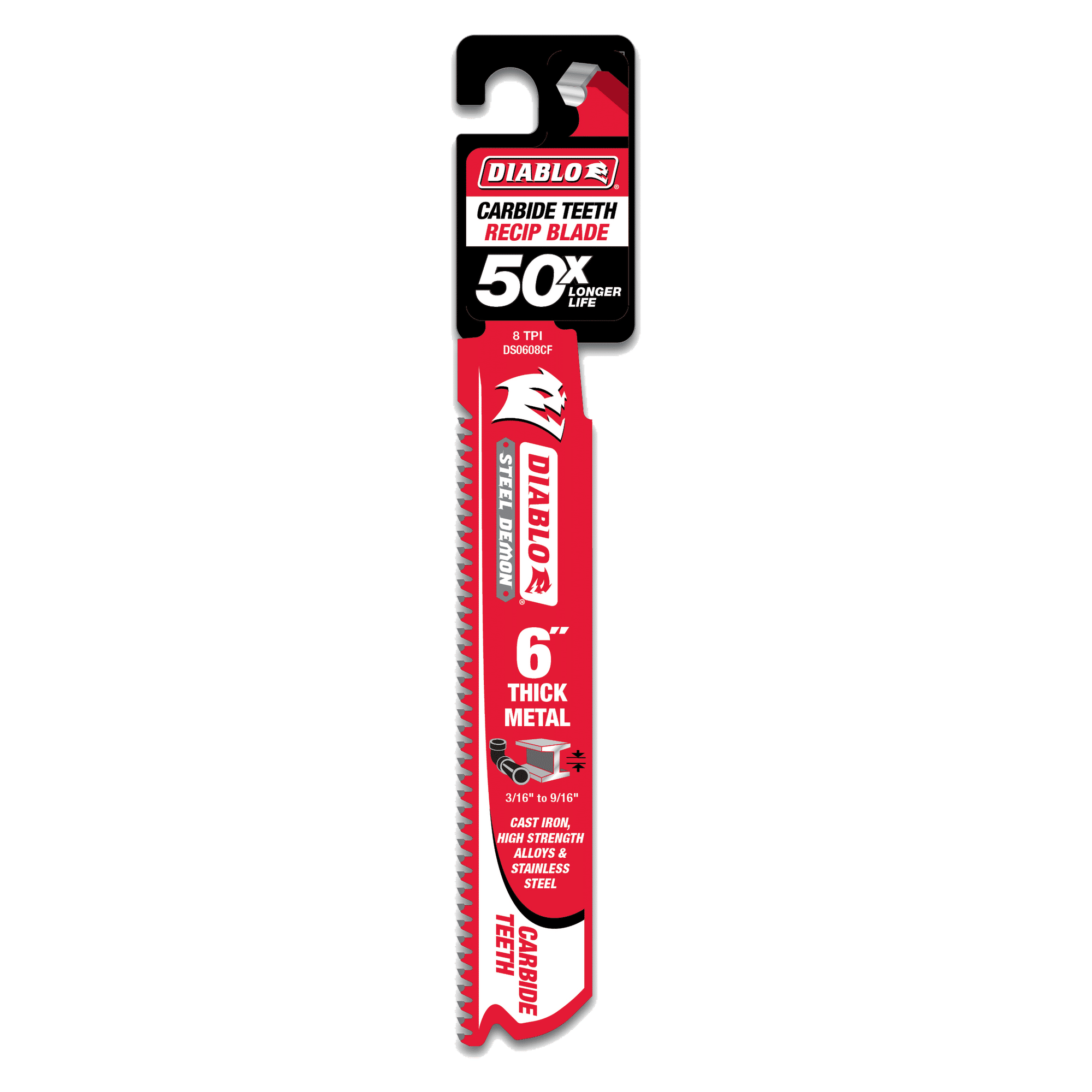 Diablo Steel Demon 6-inch reciprocating saw blade with carbide teeth, 8 TPI, red packaging with black header.