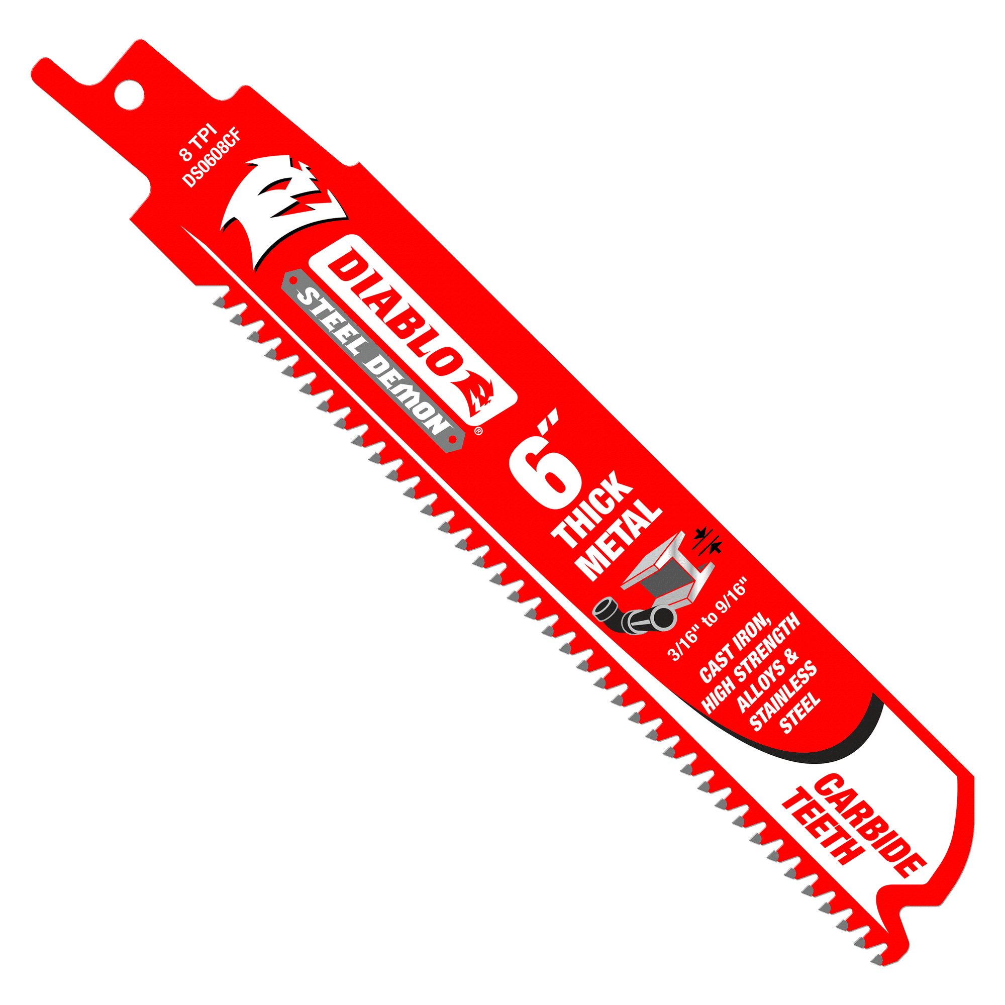 Red Diablo Steel Demon 6-inch reciprocating saw blade with carbide teeth and mounting shank.