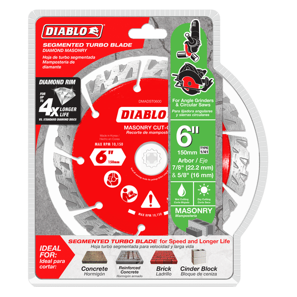 Diablo 6-inch diamond segmented turbo cut-off disc for masonry on retail packaging card with specifications and usage icons.