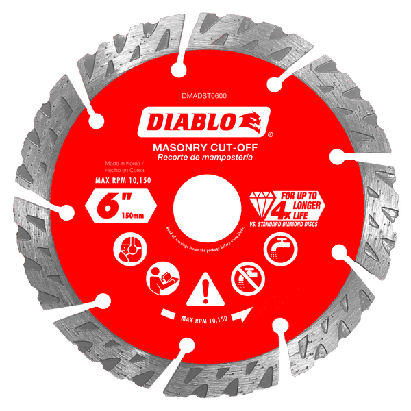 Diablo 6-inch diamond segmented turbo cut-off disc with red center and gray saw teeth around perimeter.