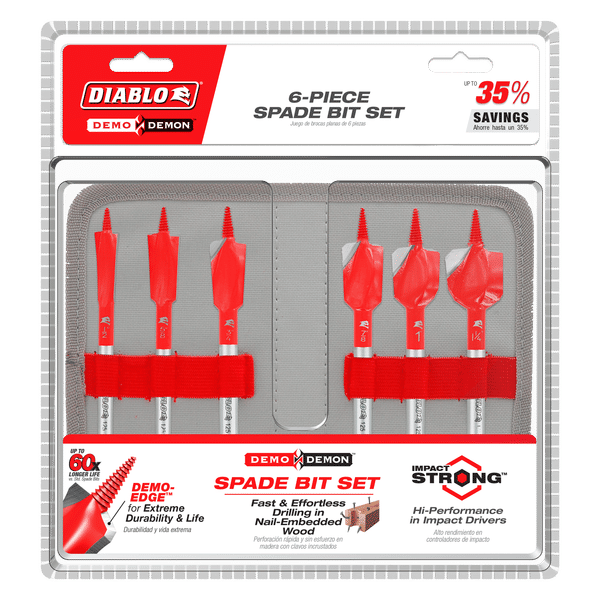 Diablo Demo Demon 6-piece red spade bit set with white bands, displayed in gray packaging with red accent strips.