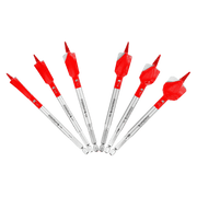 Six spade drill bits with red handles and gray metal shafts arranged in a fan pattern.